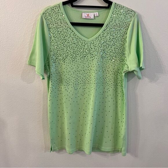 Quacker Factory Shirt Top Sequin Green Short Sleeve Size Medium - Picture 1 of 6
